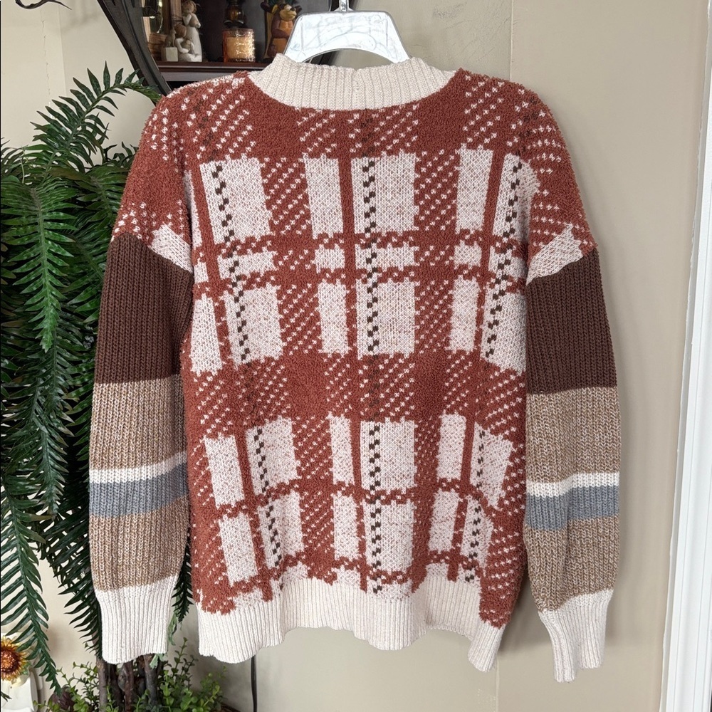 Love Riche Cozy Chic Mixed Knitted Rust Oversized Cardigan Button Down Plaid - Picture 8 of 12